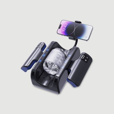 Handheld 9 Function Thrusting Male Masturbator With Phone Holder - Black