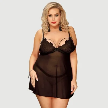 Plus Size Babydoll Με Δαντέλα & Λεπτό Κεντημένο Σχέδιο High End Delicate Embroidery Lace Babydoll & Lingerie Set - Μαύρο