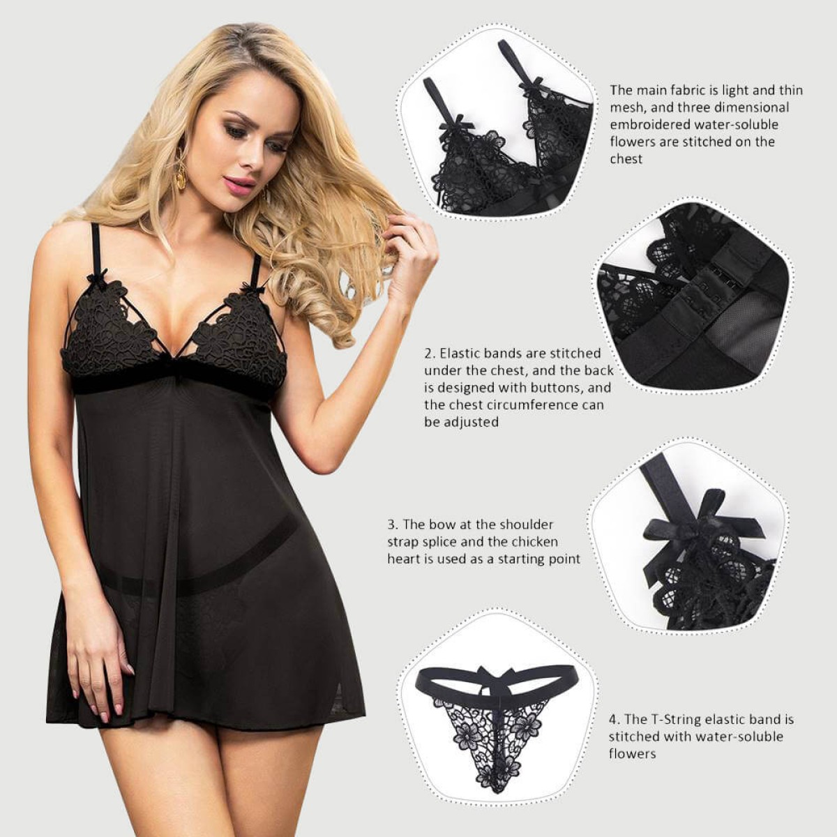 Plus Size Babydoll Με Δαντέλα & Λεπτό Κεντημένο Σχέδιο High End Delicate Embroidery Lace Babydoll & Lingerie Set - Μαύρο by Sexopolis