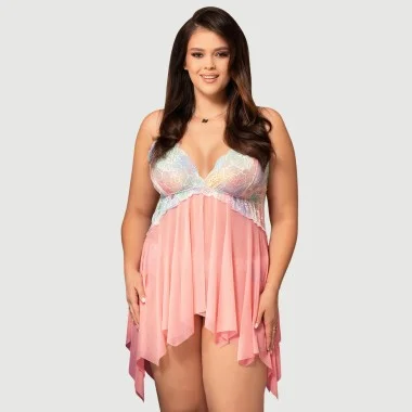 Plus Size Babydoll με Διακόσμηση Λουλουδιών Orange Flower Decoration Loose Comfortable Open Front Babydoll - Ροζ