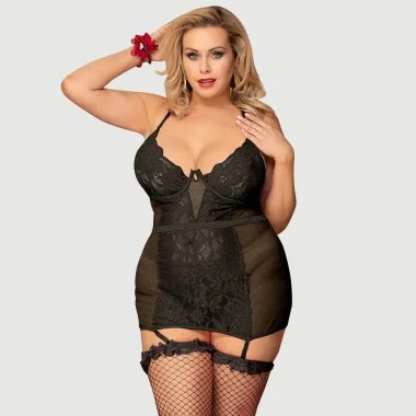 Plus Size Babydoll Με Λεπτή Δαντέλα & Ραφές Με Ενίσχυση Babydoll With Delicate Lace Stitching & Underwire - Μαύρο