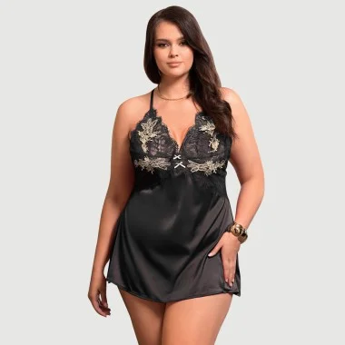 Plus Size Babydoll Με Σταυρωτές Τιράντες & Λεπτομέρειες Στην Πλάτη Sexy Floral Decoration Crossing Straps For Back Babydoll – Μαύρο