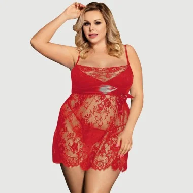 Plus Size Babydoll Με Στρίνγκ & Κέντημα Δαντέλας Babydoll With Thong Sexy Eyelash Lace Chest Pad Nightdress - Κόκκινο