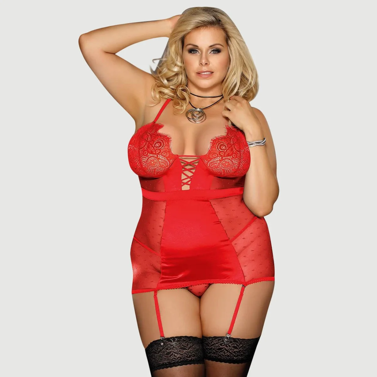 Plus Size Babydoll Με Ζαρτιέρες & G-String Διαφανές Δίχτυ Garter Lingerie With G String Red Sexy Slim See Through Mesh Babydoll - Κόκκινο by Sexopolis