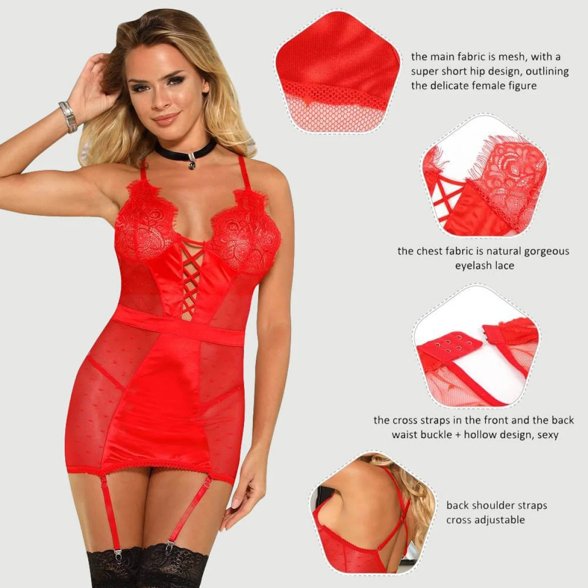 Plus Size Babydoll Με Ζαρτιέρες & G-String Διαφανές Δίχτυ Garter Lingerie With G String Red Sexy Slim See Through Mesh Babydoll - Κόκκινο by Sexopolis