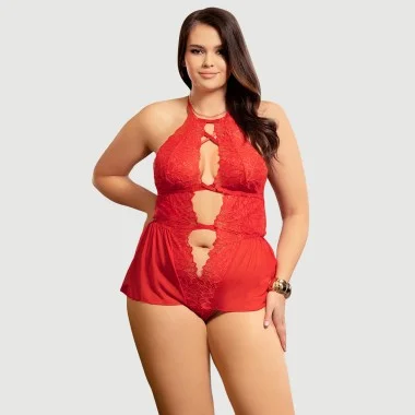 Plus Size Κορμάκι Φόρεμα Sexy Halter Backless Floral Patterns Teddy Lingerie - Κόκκινο
