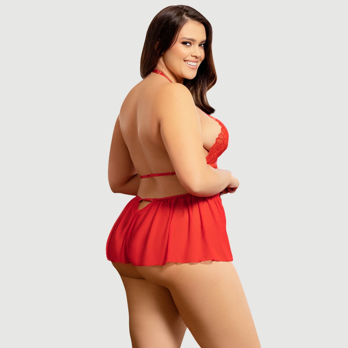 Plus Size Sexy Halter Backless Floral Patterns Teddy Lingerie - Red by Sexopolis