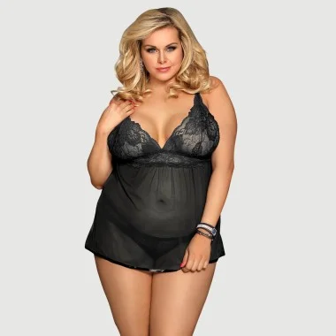 Plus Size Πολυτελές Backless Fly Away Boutique Babydoll - Μαύρο