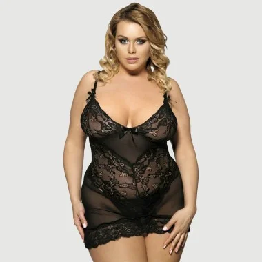 Plus Size Σέξι Απαλό Babydoll Με Δαντέλα & String Sexy Black Slim Deep V Neck Lace Sleepwear With Thong - Μαύρο