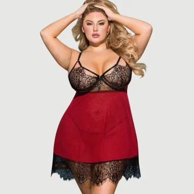 Plus Size Σέξι Διαφανές Σετ Babydoll Με Δαντέλα & Άνοιγμα Πλάτης Sexy Splicing Sheer Eyelash Trim Lace Back Split Babydoll Set With Underwire – Κόκκινο