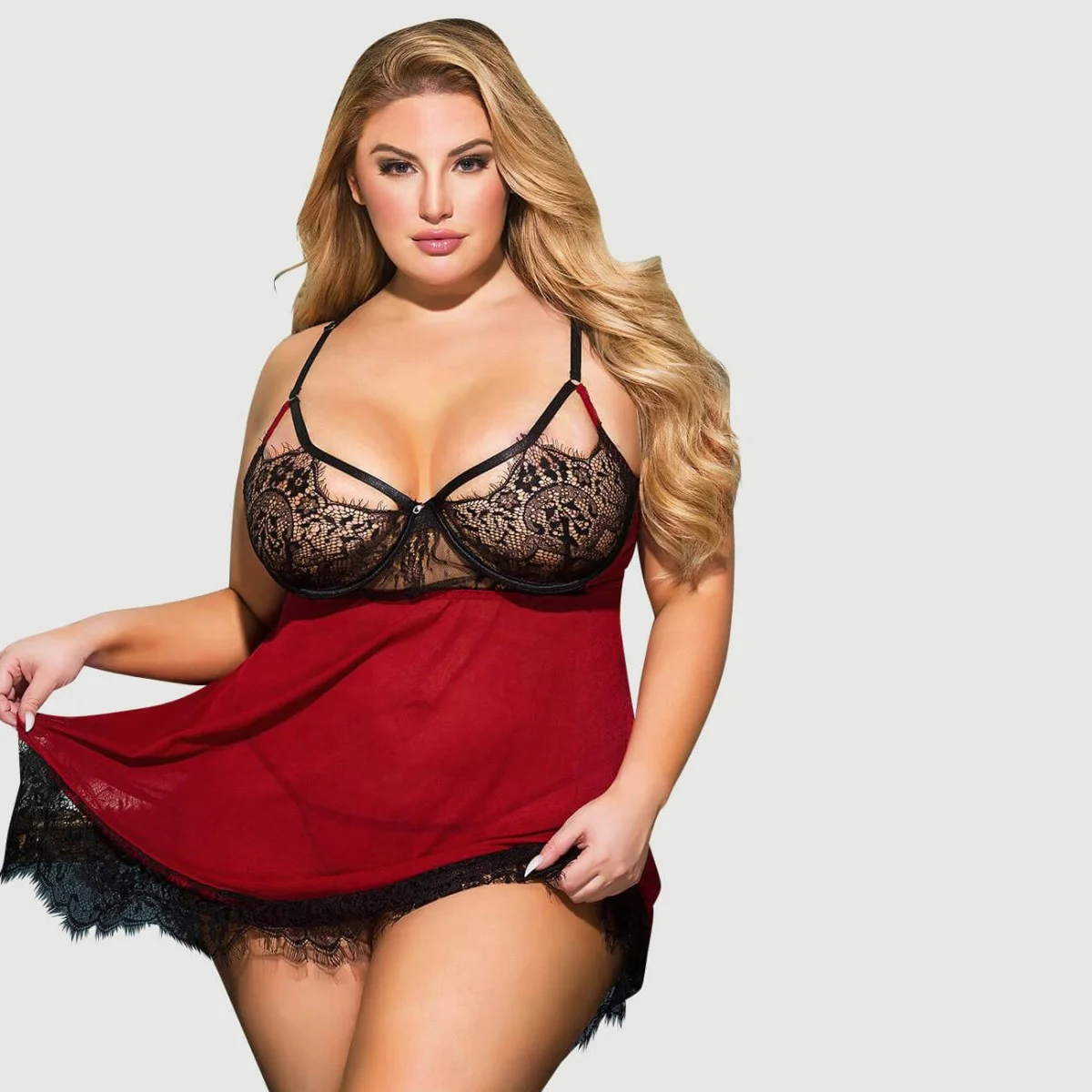 Plus Size Σέξι Διαφανές Σετ Babydoll Με Δαντέλα & Άνοιγμα Πλάτης Sexy Splicing Sheer Eyelash Trim Lace Back Split Babydoll Set With Underwire – Κόκκινο by Sexopolis