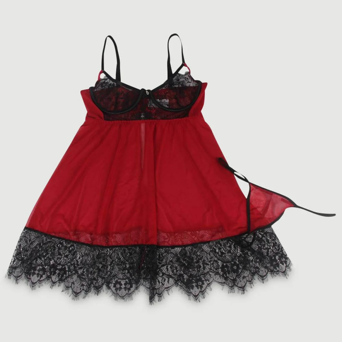 Plus Size Σέξι Διαφανές Σετ Babydoll Με Δαντέλα & Άνοιγμα Πλάτης Sexy Splicing Sheer Eyelash Trim Lace Back Split Babydoll Set With Underwire – Κόκκινο by Sexopolis