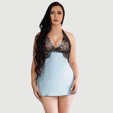 Plus Size Sexy Deep V Neck Backless Dress - Μπλε