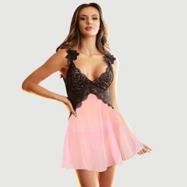 Babydoll V Neck Lace Stitching Strap with Flower Babydoll - Ροζ