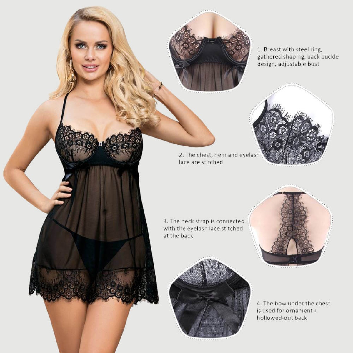 Σέξι Διαφανές Δαντελένιο Babydoll Με Κέντημα Sexy Sheer Floral Eyelash Trim Lace Babydoll Set With Underwire - Μαύρο by Sexopolis