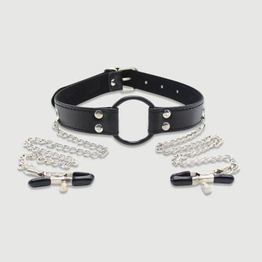 Leather O Ring Gag With Nipple Clamps - Black
