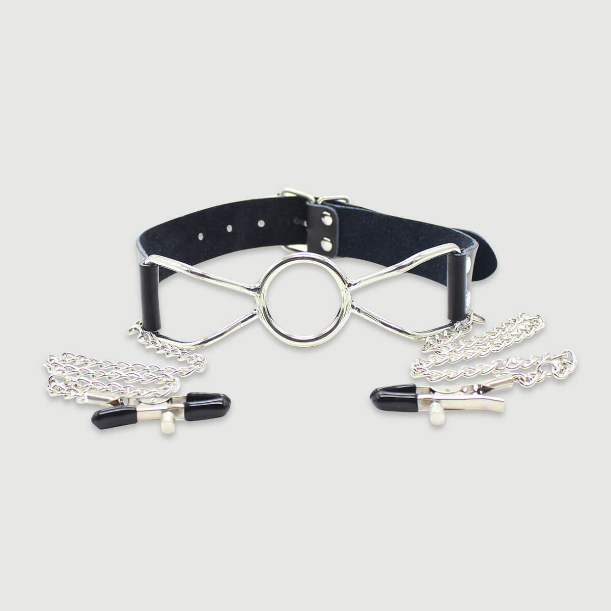 Leather O Ring Gag With Nipple Clamps - Black by Sexopolis