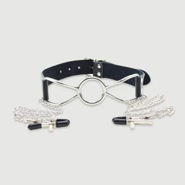 Leather O Ring Gag With Nipple Clamps - Black