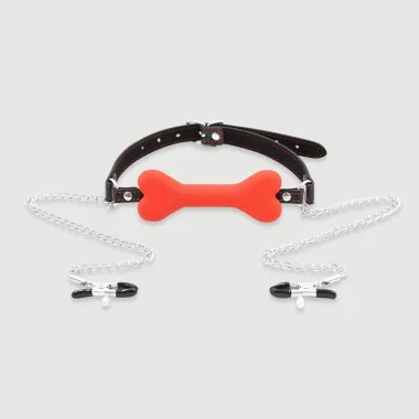 Silicone Bone Gag With Nipple Clamps – Red