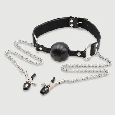 Silicone Ball Gag With Nipple Clamps - Black