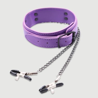 Leather Collar With Nipple Clamps & Chains – Purple