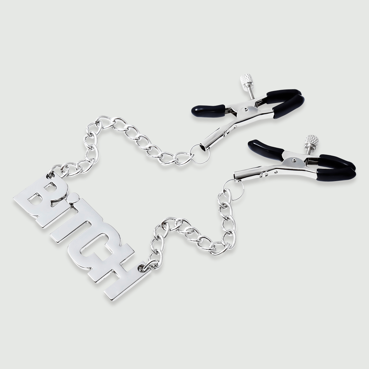 Nipple Clamps With Chain & BITCH Tag – Silver by Sexopolis