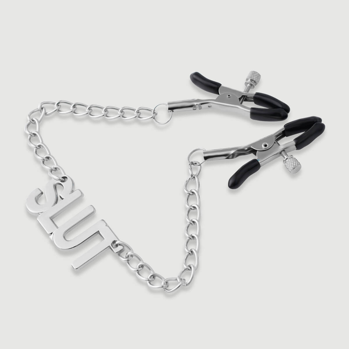 Nipple Clamps With Chain & SLUT Tag – Silver by Sexopolis