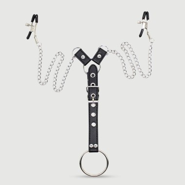 Nipple Clamps With Straps, Chains & Penis Ring – Black/Silver