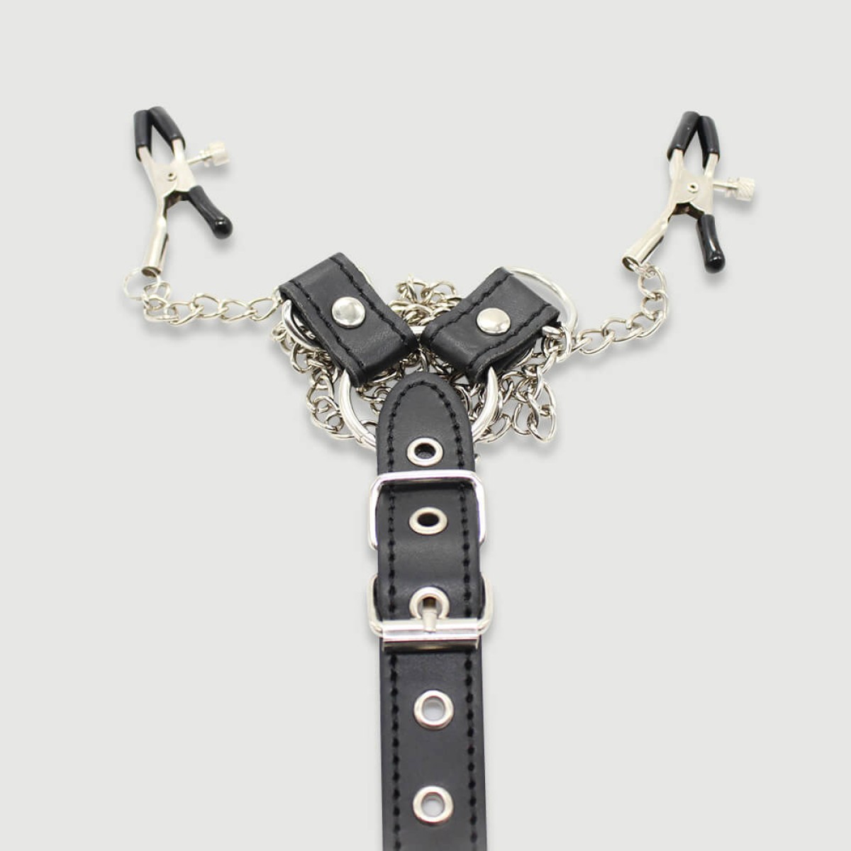 Nipple Clamps With Straps, Chains & Penis Ring – Black/Silver by Sexopolis