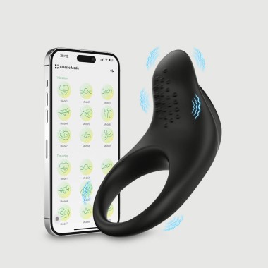 Dolphin Ribbed App Based Silicone Cock Ring - Black