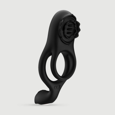 Silicone Flexible Double Cock Ring With Clitoral & Perineum Stimulator - Black