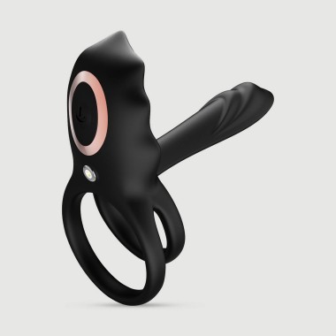 Silicone Flexible Double Cock Ring With Clitoral Stimulator - Black