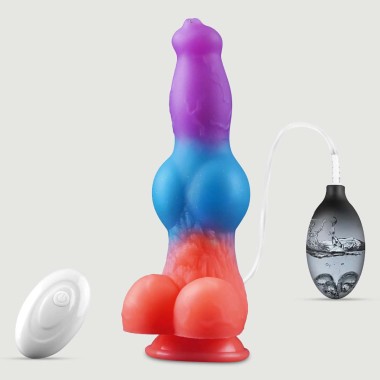 Φωσφοριζέ Δονούμενο Dildo Σκύλου Σιλικόνης Με Εκσπερμάτιση Glow In The Dark Squirting & Vibrating Silicone Dildo With Suction Cup - Πολύχρωμο