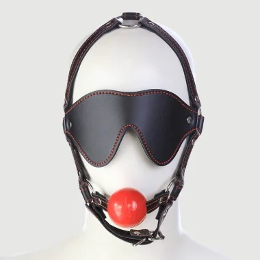 Δερμάτινη Δέστρα Κεφαλής Με Φίμωτρο & Μάσκα Ματιών Leather Head Harness With Gag & Blindfold - Μαύρο/Κόκκινο