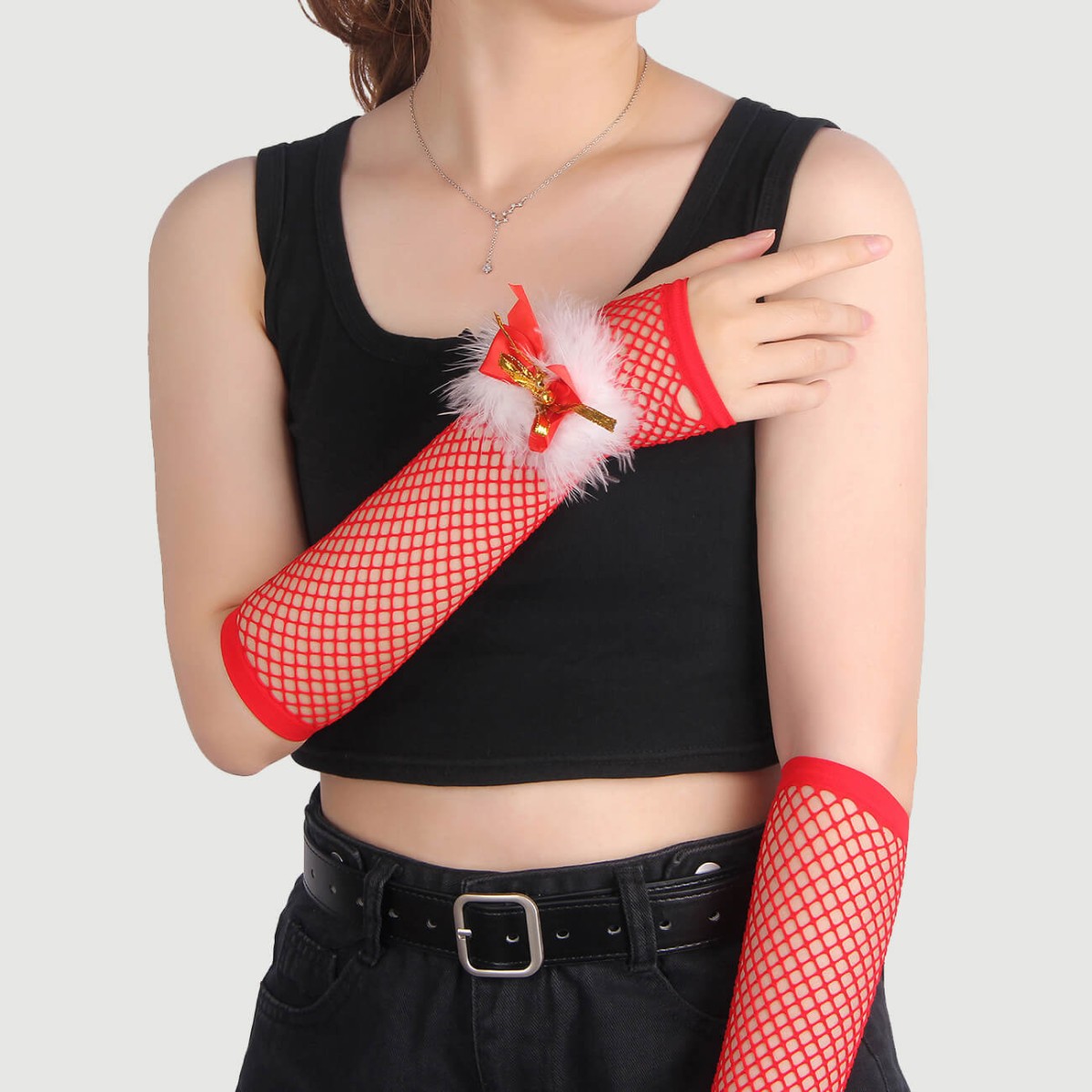 Κόκκινα Διχτυωτά Γάντια Χριστουγεννιάτικα Με Φιόγκο Sexy Bow Plush Decoration Christmas Fishnet Gloves - Κόκκινο by Sexopolis