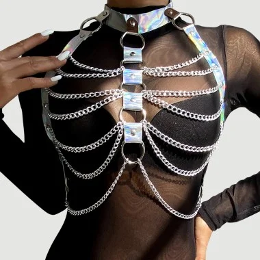Δερμάτινο Chest Harness Με Αλυσίδες Leather Chest Harness Straps Bras Chain - Ασημί