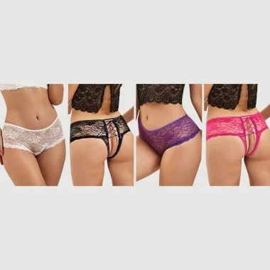 Plus Size Σλιπ Με Ανοιχτό Καβάλο & Λουλουδένια Δαντέλα Σετ 4 Τεμαχίων Open Crotch Floral Lace Panty 4 in 1