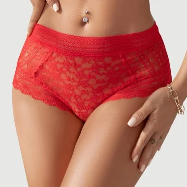 Σέξι Floral Δαντελένιο Σλιπ Υψηλής Μέσης Με Διαφάνεια High Quality Floral Lace Sexy High Waist Perspective Panty - Κόκκινο