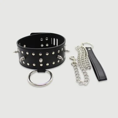 Δερμάτινο Κολάρο Με Κλειδαριά & Συμμετρικά Τρούκς & Λουρί Leather Collar With Loc &, Symmetrical Studs & Strap – Μαύρο