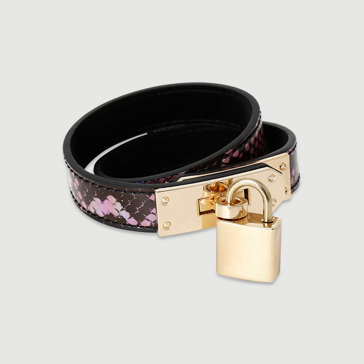 Λουξ Δερμάτινο Βραχιόλι Με Κλειδαριά & Snake Print Luxury Leather Cuff Bracelet With Lock & Snake Print – Μαύρο/Ροζ by Sexopolis