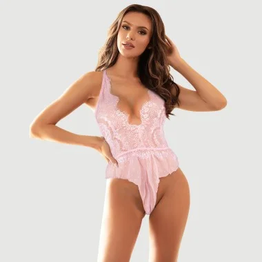 Plus Size Δαντελένιο Ολόσωμο Κορμάκι Με Λουλουδάτο Σχέδιο & Βαθύ Ντεκολτέ Lace Floral Deep V Neck Sheer Teddy Lingerie - Ροζ