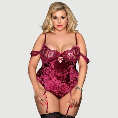 Plus Size Διαφανές Δαντελένιο Κορμάκι Με Βελούδινα Μανίκια Sheer Lace Off The-Shoulder Lace Sleeves Velvet Teddy - Μωβ