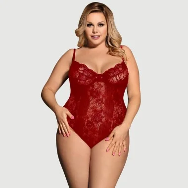 Plus Size Κορμάκι Glamour Underwire Hollywood Sheer Lace Teddy - Κόκκινο