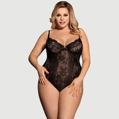 Plus Size Κορμάκι Glamour Underwire Hollywood Sheer Lace Teddy - Μαύρο