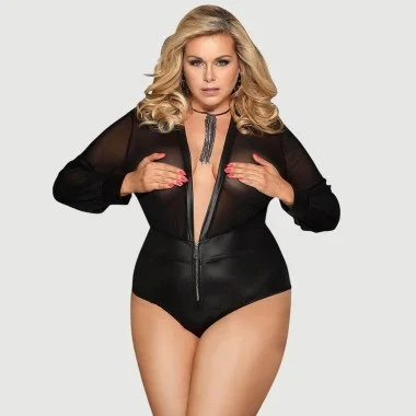 Plus Size Κορμάκι V-Neck Zipper Leather Teddy - Μαύρο
