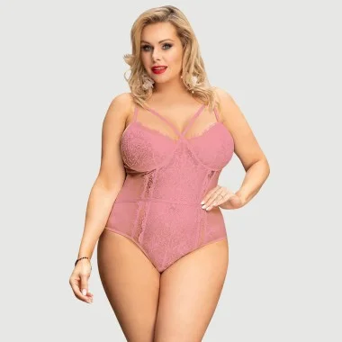 Plus Size Κορμάκι Χωρίς Μπανέλα Με Δαντέλα & Ανοιχτό Καβάλο Pink Lace Open Crotch Teddy - Ροζ