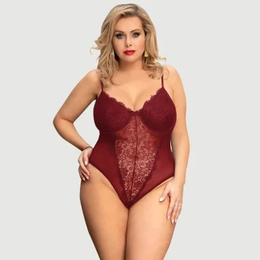 Plus Size Σέξι Κορμάκι Με Ανοιχτό Καβάλο & Δαντέλα Crotchless High Quality Lace Splicing Sexy Teddy With Underwire - Κόκκινο