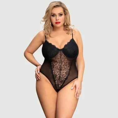 Plus Size Σέξι Κορμάκι Με Ανοιχτό Καβάλο & Δαντέλα Crotchless High Quality Lace Splicing Sexy Teddy With Underwire - Μαύρο