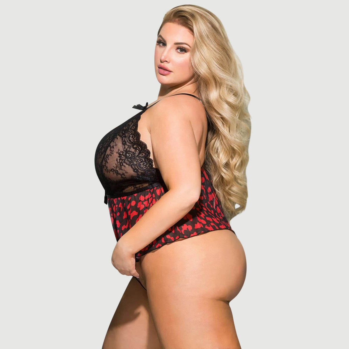 Plus Size Σέξυ Κορμάκι Με Δαντέλα & Σχέδιο Λουλουδιών Fashion Sexy Lace Floral Print Plunge Neck Teddy - Μαύρο/Κόκκινο by Sexopolis