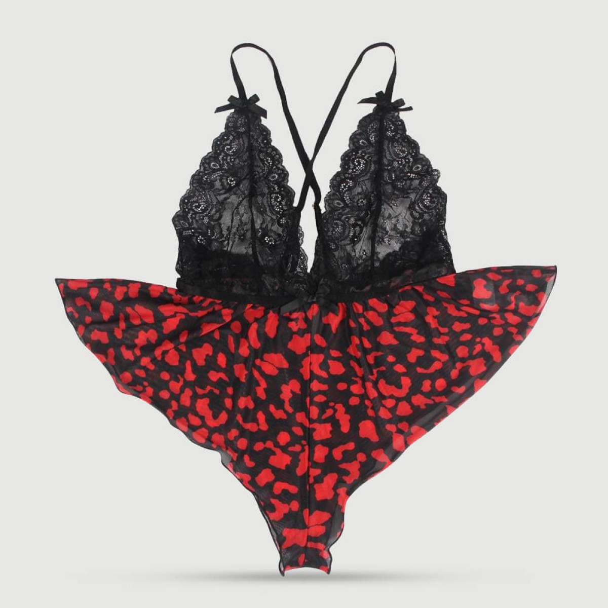 Plus Size Σέξυ Κορμάκι Με Δαντέλα & Σχέδιο Λουλουδιών Fashion Sexy Lace Floral Print Plunge Neck Teddy - Μαύρο/Κόκκινο by Sexopolis